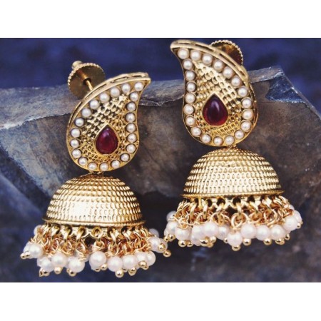 Red Gold Jhumka Earrings with Pearls